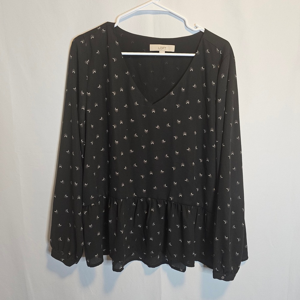LOFT Peplum Blouse Medium Black Celestial Moon Whimsigoth Boho VNeck Long Sleeve
